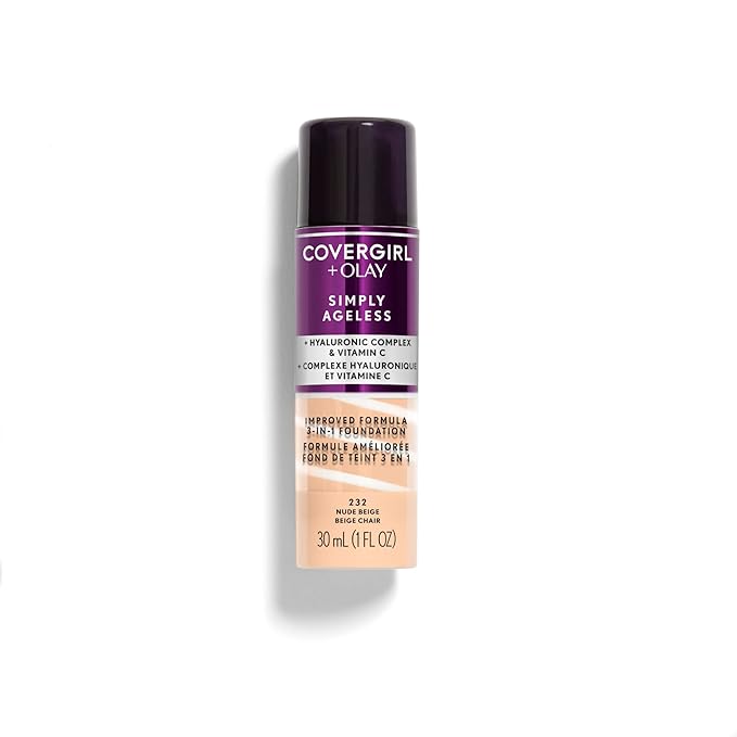 CoverGirl & Olay Simply Ageless 3-in-1 Liquid Foundation, Matte Finish, Hyaluronic & Vitamin C Formula, Nude Beige, 1 Count