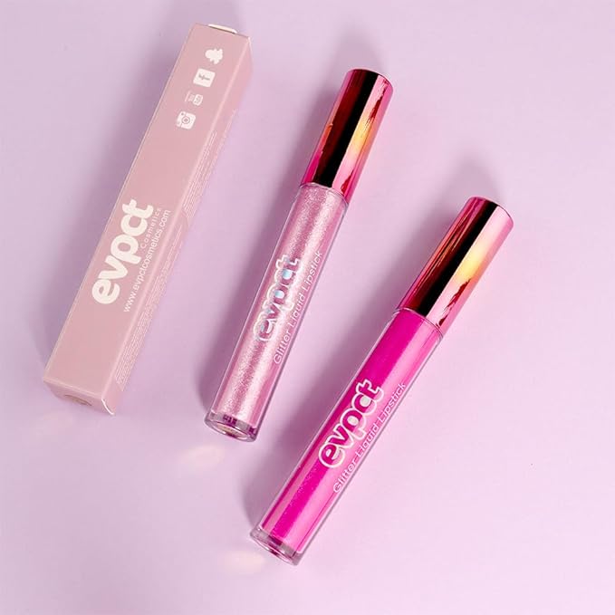 evpct 2Pcs Rose & Hot Pink Glitter Metallic Shimmer Diamond Lipstick Lip Gloss Set for Women Long Lasting Waterproof, Light Bright Rose Pink Sparkle Glitter Matte Liquid Lipstick Lip Makeup Kit