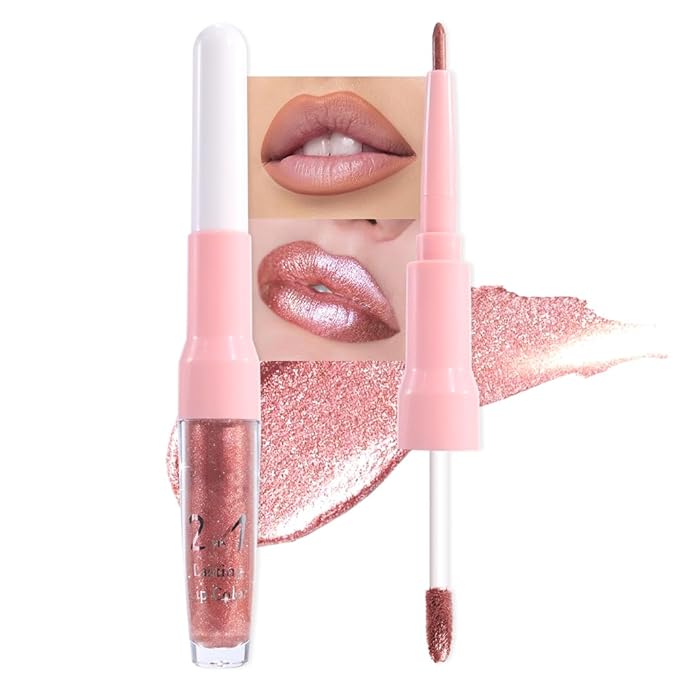 Rose Gold Metallic Lip Liner and Lipstick Combo Lip Gloss Tints Stain Set Makeup for Women Long Lasting Waterproof 24, Light Pink Metallic Glitter Shimmer Iridescent Liquid Lipstick lippies Lip Gloss