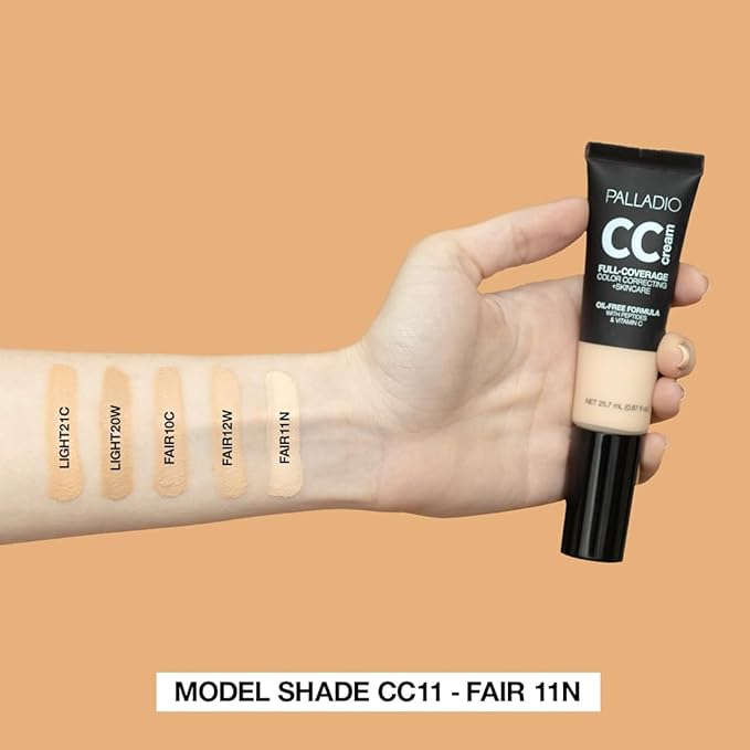 Palladio Full-Coverage Color Correction CC Cream, Oil-Free with Peptides & Vitamin C, Best for Correcting Redness and Uneven Skin Tone, Buildable Foundation Coverage (Fair 11N)