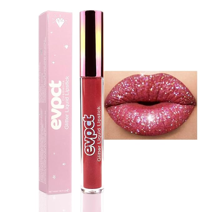 evpct 1Pcs Wine Red Matte to Glitter Liquid Lipstick Lip Set Kit, Long Lasting Matte Diamond Glitter Lipstick Waterproof, Colorful Sparkly Glossy Metallic Shimmer Sparkle Lip Gloss for Women 06#
