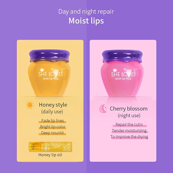 2PCS Lip Mask Overnight, Honey&Sakura Day and Night Repair Sleeping Lip Balm, Fade Lip Lines Bee Balm, Hydrating &Prevention Dry and Crack Lip Scrubs Exfoliator