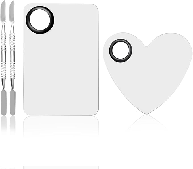 4 in 2 Set Makeup Mixing Palettes, 2 Pcs Stainless Steel Nail Art Palette with 2 Makeup Spatula for Foundation Makeup Tools Eyeshadow Nail Art (4 in 2 Silver Heart Rectangular)