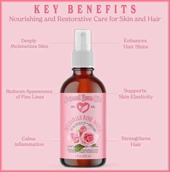Natural Born Oils 8oz Rose Water Hydrosol, 100% Pure and Natural, Organic, Steam-distilled, Facial Toner Cleanser, with Sprayer, 8-Rose-Water
