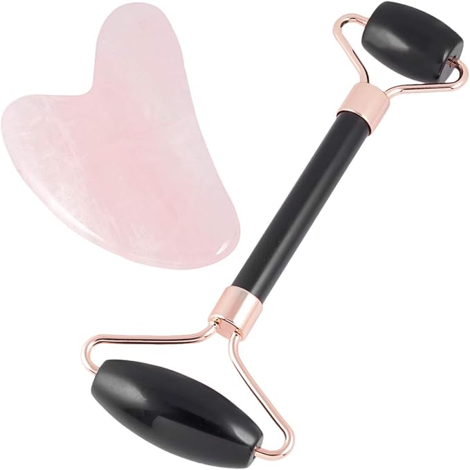 mookaitedecor Obsidian Roller & Rose Quartz Gua Sha Scraping Massage Tool Set, Face Massager for Wrinkles, Anti Aging