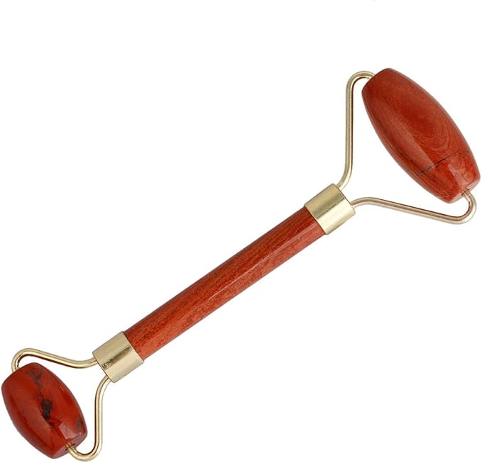 Rockcloud Natural Crystal Stone Roller Massager Double Neck Face & Neck Massage Therapy Anti-Aging Wrinkle Healing Slimming Skincare Tool,Red Jasper