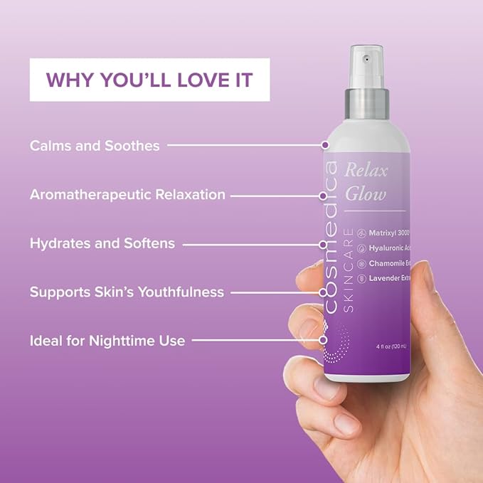 Cosmedica Skincare Relax Glow Hydrating Peptide Spray with Chamomile, Lavender Extract, Matrixyl 3000 & Hyaluronic Acid for Calming Skin, Moisturizer – 4 oz