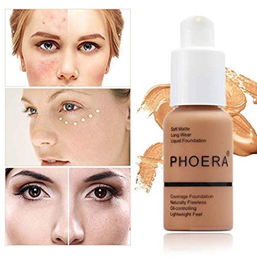 2 Pack PHOERA Foundation 103# Warm Peach and 104# Buff Beige, Flawless Soft Matte Liquid Foundation,24 HR Full Coverage Mattle Oil-Control Foundation Makeup.
