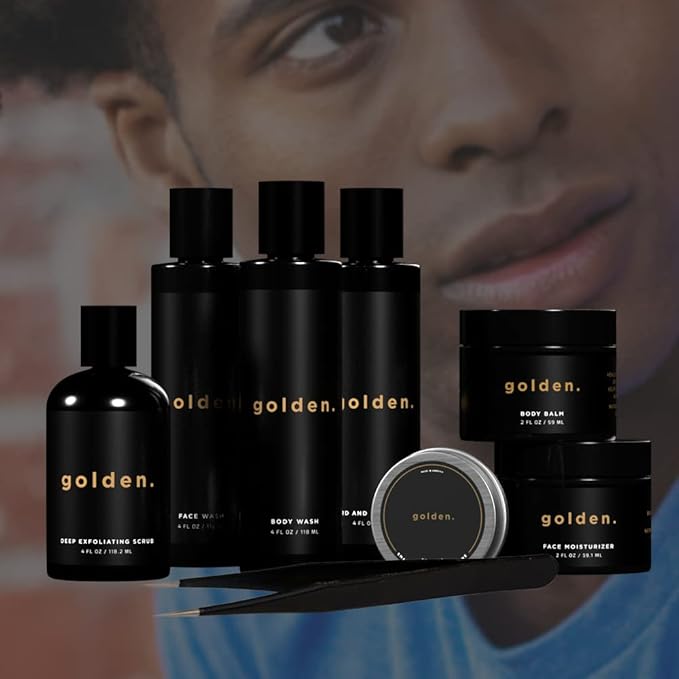 Golden Grooming Co. Bath and Body Skin Care Kit Gift Set for Men - with Deep Exfoliating Scrub, Face Wash, Moisturizer, Body Wash, 2 in 1 Beard and Hair Shampoo, Body Balm,Solid Cologne and Tweezers