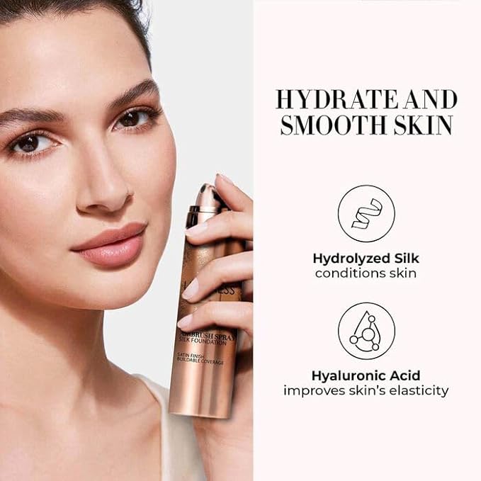 LUMINESS Silk Airbrush Spray Foundation & Buffing Brush Kit – Full Coverage Foundation & Dual-Sided Buffing Brush - Buildable Coverage, Anti-Aging Formula Hydrates & Moisturizes (Shade - Medium)