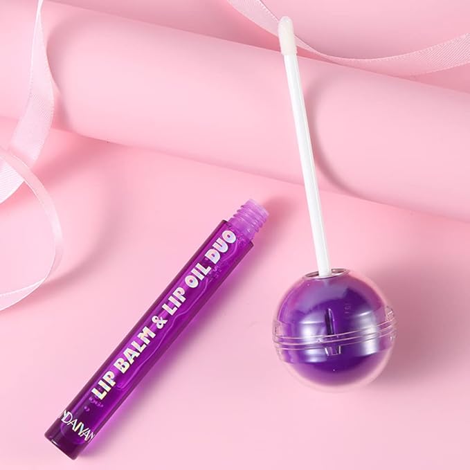Tinted Lip Balm Lollipop Lip Gloss, Magic pH Color Changing Pink Lipstick & Vitamin E Clear Lip Oil Combo, Hydrating Plumping Lip Care Product for Girls (Purple)