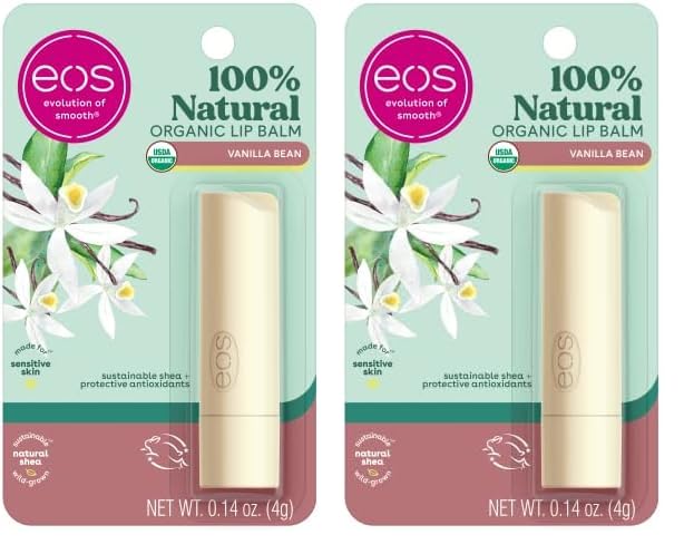 eos 100% Natural & Organic Lip Balm Stick- Vanilla Bean | Dermatologist Recommended for Sensitive Skin | All-Day Moisture Lip Care Products | 0.14 oz (Pack of 2)
