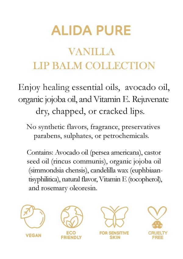 Vanilla Lip Balm Collection, Vegan Lip Balm Set, Beeswax Free, with Avocado Oil, Organic Jojoba Oil, and Vitamin E, Natural Moisturizer for Dry, Chapped Lips, 3 Tube Set