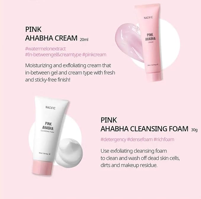 Nacific Pink AHA BHA Kit (Cleansing Foam, Toner, Serum, Cream) Travel Size Skin Care Set