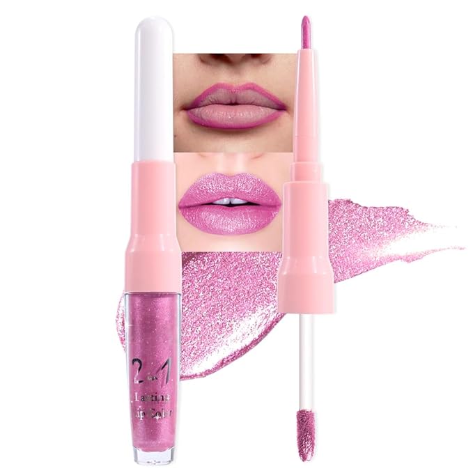 evpct Light Rose Pink Metallic Glitter Lip Liner and Lipstick Combo Lip Gloss Stain Set Makeup for Women Long Lasting Waterproof 24, Pink Metallic Shimmer Frosted Iridescent Shiny Liquid Lipstick 10