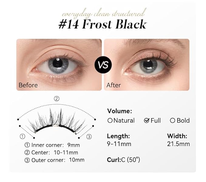 Soft Magnetic Eyelashes Kit with Applicator, No.14 Frost Black, Reusable Glue-free Wispy Magnetic Lashes, Cruelty-free False Lashes, Waterproof, Lightweight, Suit for Heavy Makeup