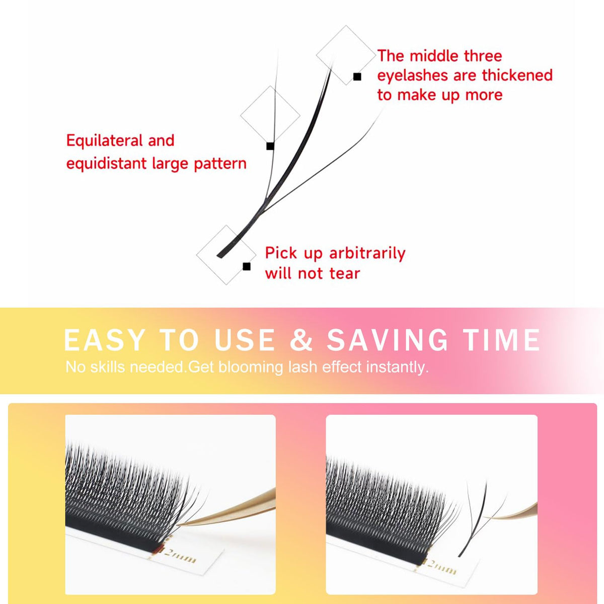 Lash Extensions Three Core Tips 3D Eyelash Extensions W Shape 0.07mm Thickness D Curl 9mm Premade Fans Easy Fan Volume Lashes Matte Black Crisscross(W-3D-Three Core-0.07-D,9mm)