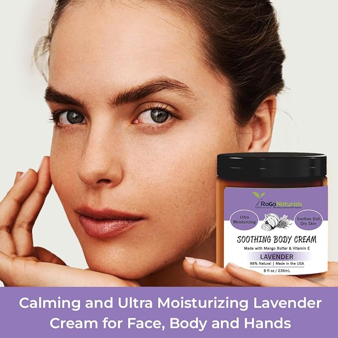 RaGaNaturals Natural Face and Body Butter Cream for Dry Skin - Calming, Nourishing & Hydrating Lavender Body Cream for Women, Men & Kids - Softens Skin and Delivers Healthy-Looking Glow - Vegan - 8 Oz