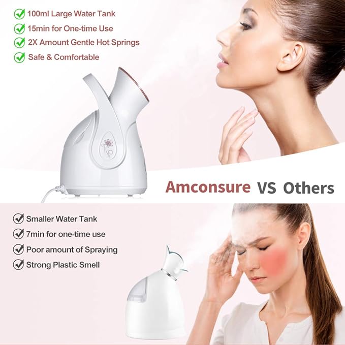 Facial Steamer, Amconsure Nano Ionic Face Steamer for Home, 100ML Warm Mist Humidifier for Women Moisturizing, Unclogs Pores-Bonus Stainless Steel Skin Kit and 2 Face Scrubbers