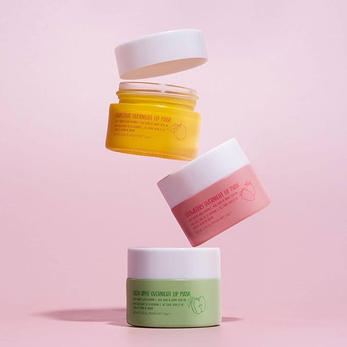 W7 Sweet Dreams Overnight Lip Mask Trio - Strawberry, Apple & Grapefruit Flavor 3 Pack - Vitamin E, Aloe Vera and Grape Seed Oil - For Hydrated, Full Looking & Irresistible Lips