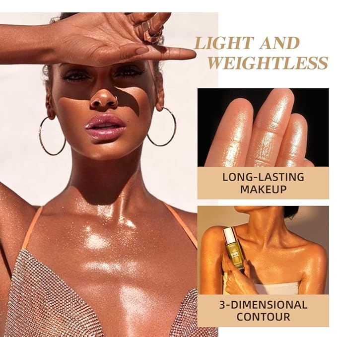 40ml Body Shimmer Oil,Liquid Body Illuminator, Waterproof Moisturizing And Glow For Face & Body, All-In-One Makeup Liquid Illuminator, Summer Body Luminizer,Makeup Brush Include(02#Rose Gold)