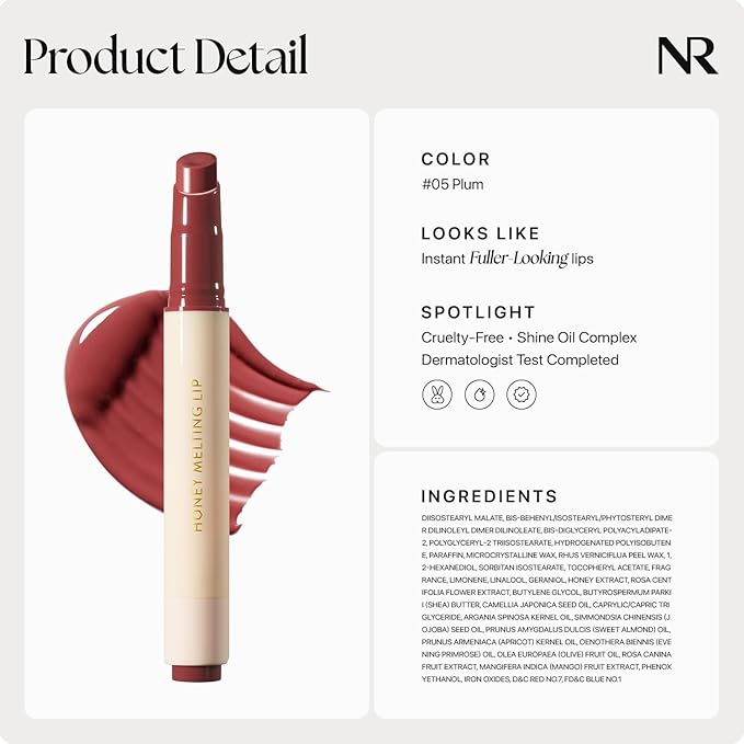 Nature Republic HONEY MELTING LIP (05 PLUM) SOFT LIP STICK, Hydrating Gloss, Moisturizing balms, Sheer tint, Shine & Glowy Finish, korean make up