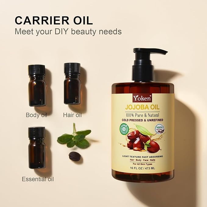 Yoken Pure Jojoba Oil Organic USDA Certified 16 fl oz, 100% Natural Jojoba Oil for Hair, Skin & Face, Cold Pressed Unrefined, Deeply Moisturizing Body Carrier Oils for Essential Oils Mixing
