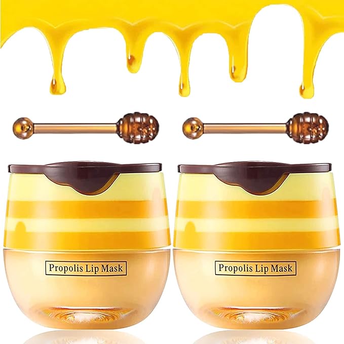 2PCS Honey Lip Balm, Exfoliating Honey Pot Lip Balm Sleeping Lip Mask with Brush, Hydrating & Prevention Dry and Cracked, Lip Scrubs Exfoliator & Moisturizer