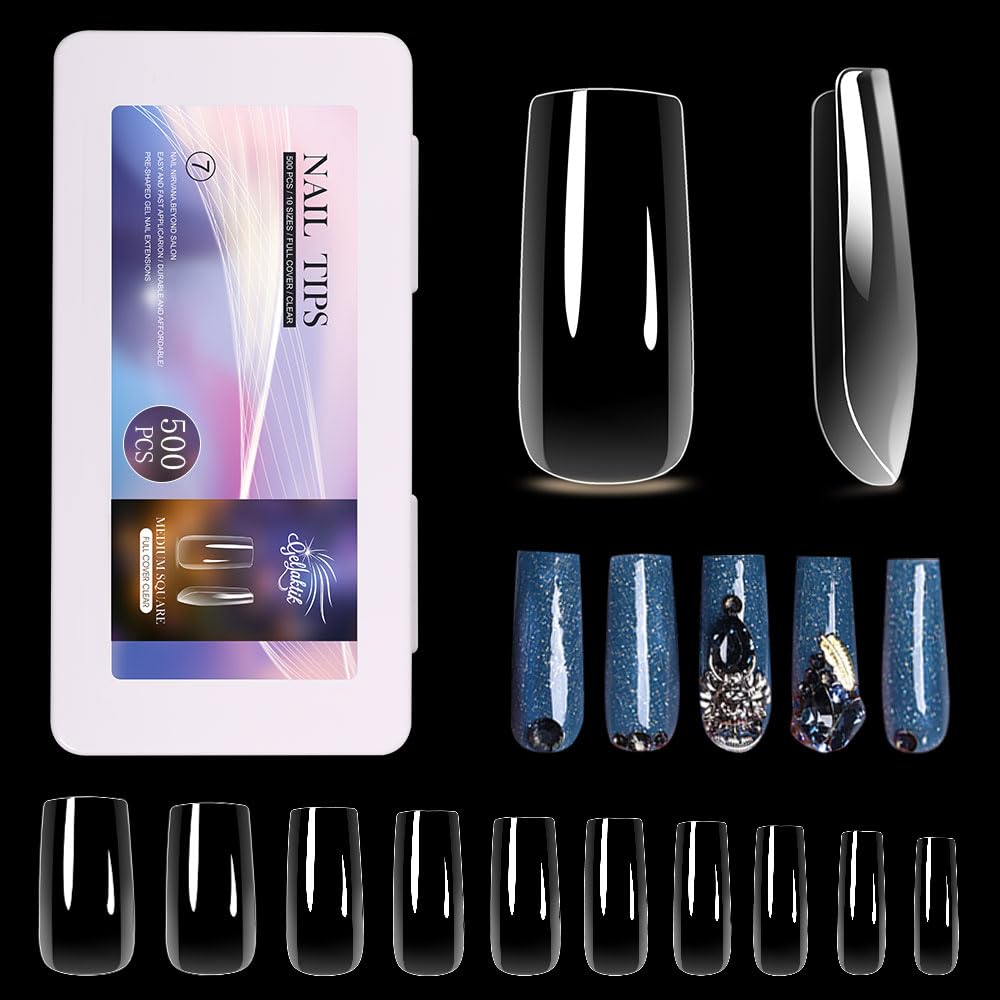 Medium Square Nail Tips 500PCS, Clear Acrylic Full Cover Gel Press on Nail Tips for DIY, 10 Sizes Pre-Shaped False Nails with Glossy Finish, Professional Manicure Kit & Easy Application