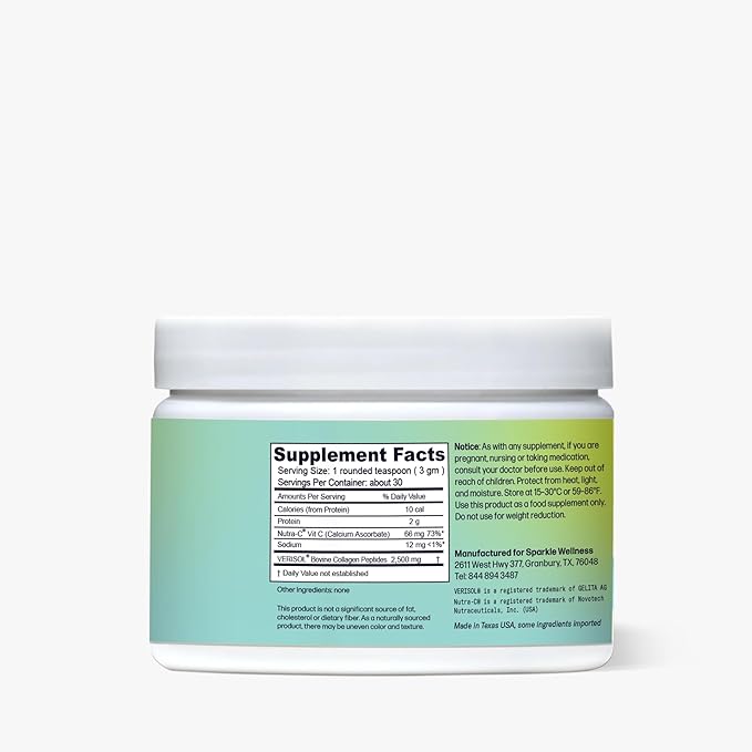 Sparkle Skin Boost No Flavor Verisol Collagen Peptides Protein Powder Vitamin C Supplement Drink, 2.8oz