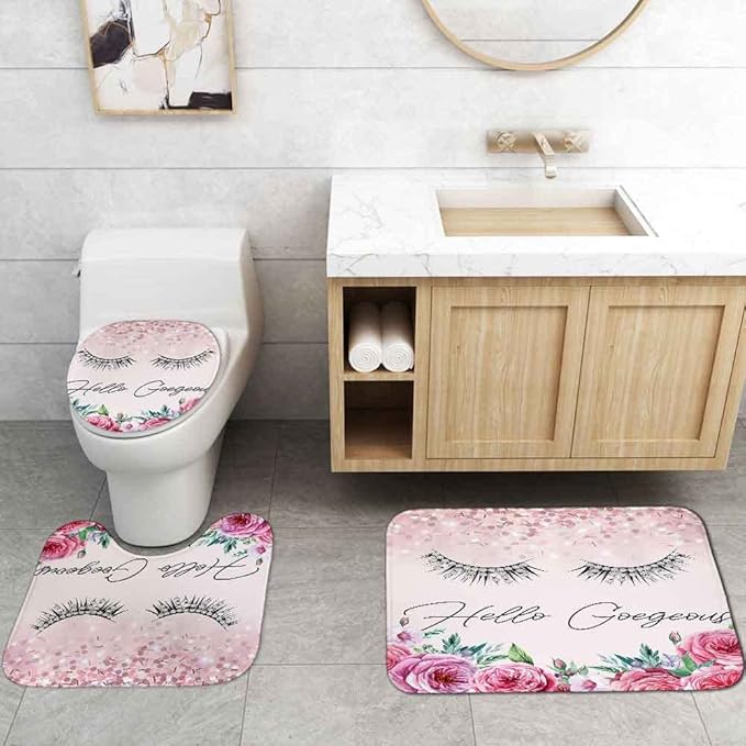 4PCS Hello Gorgeous Shower Curtain Set, Birthday Confetti Botanical Peony Floral Diamond Unicorn Eyelash Teen Girls Pink Bathroom Decor, Waterproof Fabric Shower Curtain, Bath Mat Toilet Rug