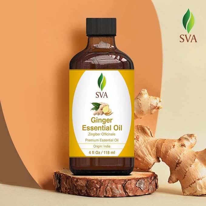 SVA Ginger Essential Oil – 4 Fl Oz – 100% Natural Ginger Oil - for Diffuser, Hair Care, Face, Skin Care, Aromatherapy, Scalp and Body Massage, Soap and Candle Making – with Dropper