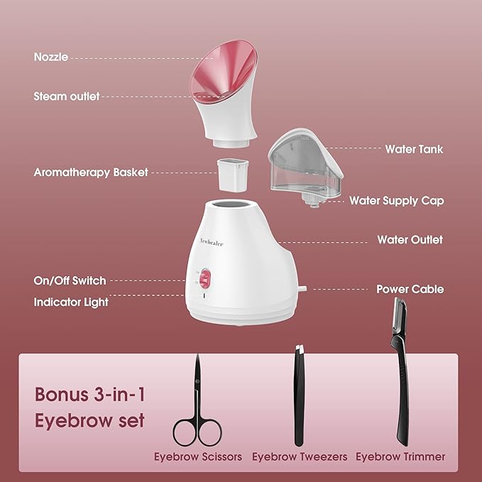 Newbealer 2in1 Facial Steamer, Hot Mist Facial Aromatherapy Humidifier Atomizer, Large Face Steamer Unclogs Pores Sinuses Moisturizing, Home Sauna Spa with Eyebrow Set (Red, 170ml)