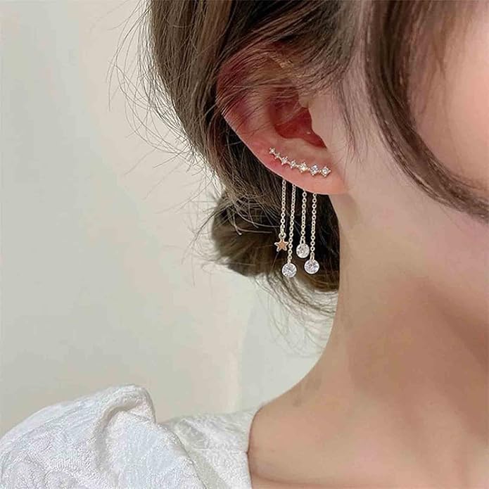 Boho Star Ear Jacket Earrings Gold Cz Star Ear Climber Earrings Crystal Chain Tassel Earrings Crystal Ear Crawler Long Chain Earrings Jewelry for Women and Girls Gifts