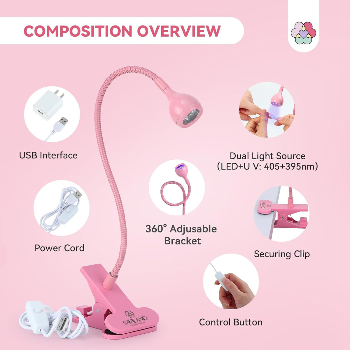 SAVILAND Gooseneck U V Lamp for Gel Nails: 2025 Pink LED U V Nail Gel Lamp 10s Flash Cure Light Gel Nail Tips Lamp with Desk Clip for Gel Nail Polish Mini Nail Dryer for Manicure Gel Light
