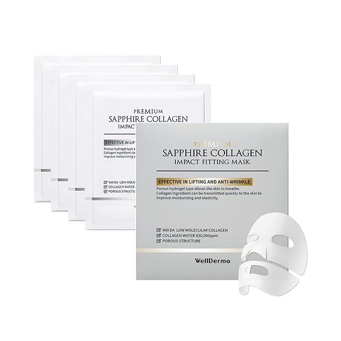 WELLDERMA Sapphire Collagen Face Mask Premium Impact Fitting Overnight Face Mask 8EA-Korean Face Sheet Mask for all skin types-Hydrating facial mask sheets-Patented Structure Hydrogel Type-Niacinamide