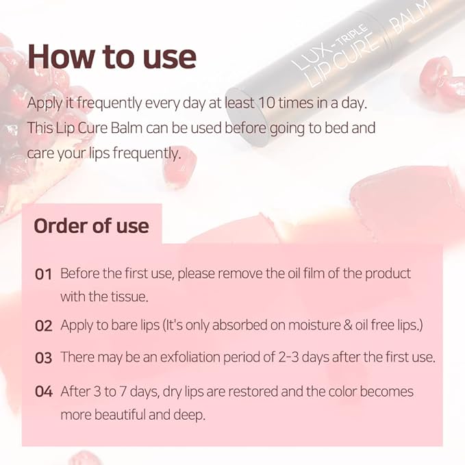 NATURAL SHINE Lux Triple Lip CURE Balm HERA (Pink Red) | Chapstick Hydration and Exfoliator | Overnight Lip Treatment Care Deep Nourishing for Dry Cracked Chapped Lips (0.17oz)