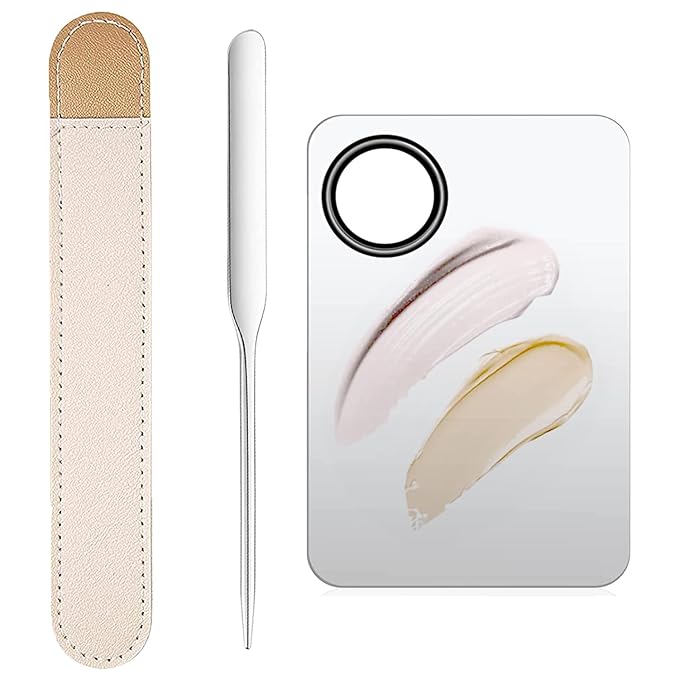 Makeup Spatula and Makeup Palette, Stainless Steel Foundation Palette & Tiny Spatula Tool for Nail, Art, Eye Shadow, Eyelash, Face Makeup (Stainless Steel Palette)