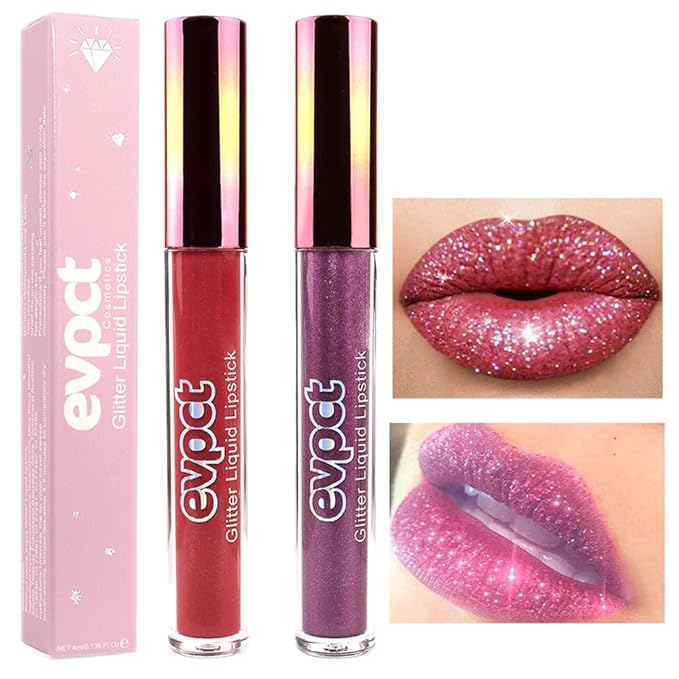 evpct 2Pcs Plum & Dark Wine Red Matte to Glitter Liquid Lipstick Long Lasting Lip Set Kit for Women Diamond Shiny Glitter Sparkly Glossy Metallic Shimmer Sparkle Waterproof Lipstick Lip Gloss 06+13