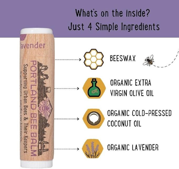 Portland Bee Balm All Natural Handmade Beeswax Based Lip Balm, Lavender 24 Count