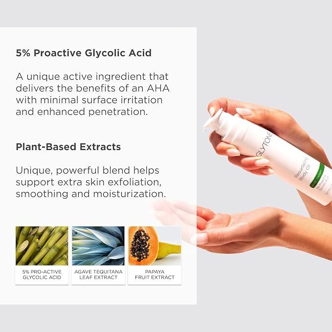 Glytone Resurfacing Body Oil– Nourishing & moisturizing anti aging Body Oil for dry Skin & Keratosis Pilaris –5% Proactive Glycolic Acid After Shower oil for Body–Unscented, Non Toxic 4 Fl oz