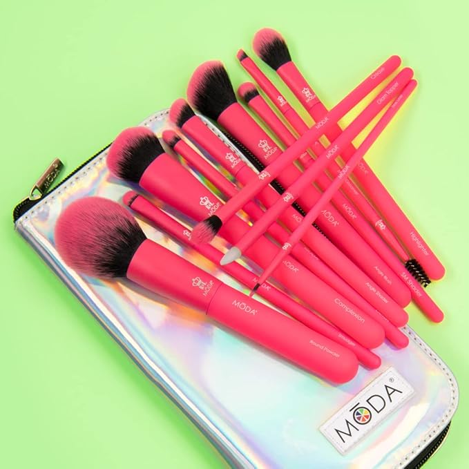 MODA Totally Electric Neon Full Face Makeup Brush Kit – 13pc Vibrant Brush Set for Face & Eyes with Zip Case (Neon Pink)