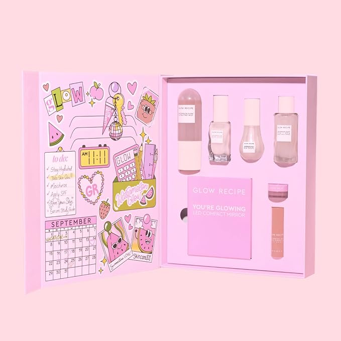 Glow Recipe Back to School Essentials Korean Skin Care Set - Watermelon Fine Mist, Dew Drops, PHA Facial Toner, Pink Juice Moisturizer, Strawberry Blur Drops, Glossy Balm & Compact Mirror (7 Count)