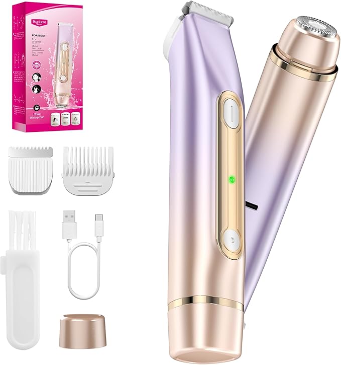 2 in 1 Bikini Trimmer for Women, Dual Head Electric Razor, IPX7 Waterproof Wet/Dry Use Women Electric Shaver, Painless Body Facial Hair Remover for Bikini Legs Arm Underarm, (Purple)