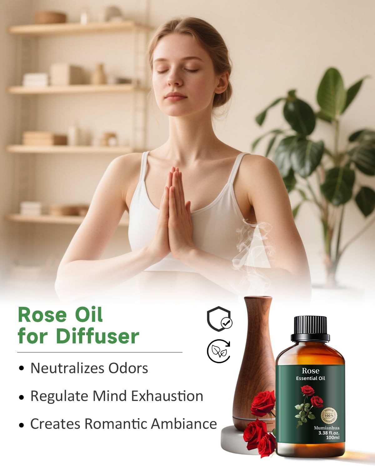 Mumianhua Rose Essential Oil 100% Pure - Therapeutic Grade Natural Aromatherapy Rose Oil for Skin, Hair & Large Room Diffuser | Bulk Steam Distilled for Candle Making, Laundry & Home Scent 3.38 Fl Oz