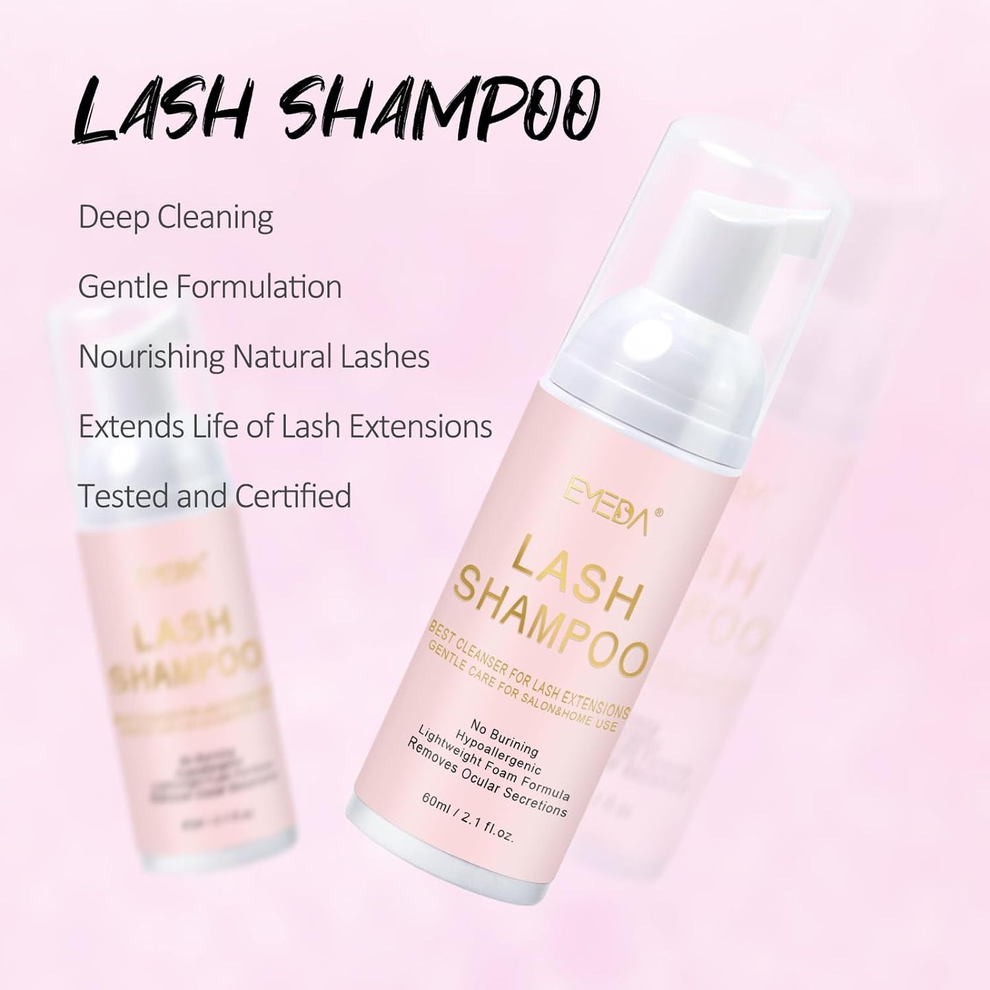 EMEDA Lash Shampoo Kit 2.02 fl oz Lash Cleaning Kit with Rechargeable Fan Dryer/Brush/Rinse Bottle, Oil-free Cleanser Wash for Extensions & Clusters & Natural Lashes, Cleaner for Eyelash Care(Black)