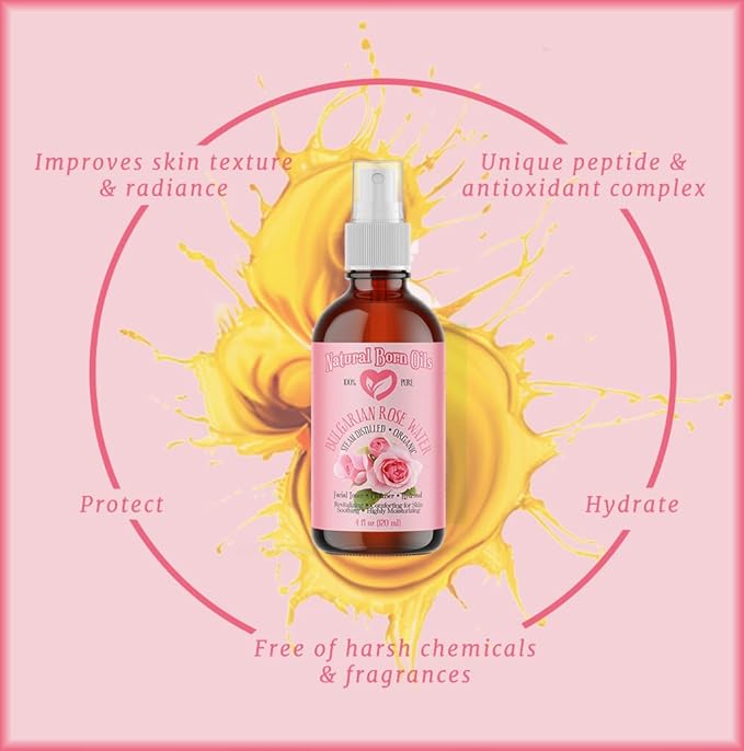 Natural Born Oils 8oz Rose Water Hydrosol, 100% Pure and Natural, Organic, Steam-distilled, Facial Toner Cleanser, with Sprayer, 8-Rose-Water