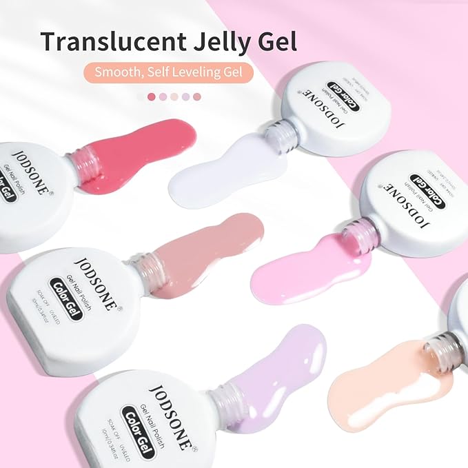 JODSONE 10ml Jelly Gel Nail Polish Set 6 Pale Colours White Pale Red Soft Pink Natural Nude Pale Purple Fresh Pink Purple All Seasons Neutral Soak off LED Lamp Gel Manicure Set for Nail Art