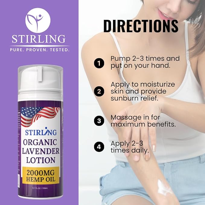 STIRLING Lavender Lotion – Organic Lavender with 2000mg Hemp Oil, Aloe Vera, and Vitamin E – Nourishing and Moisturizing Body Lotion for a Soft and Smooth Feel
