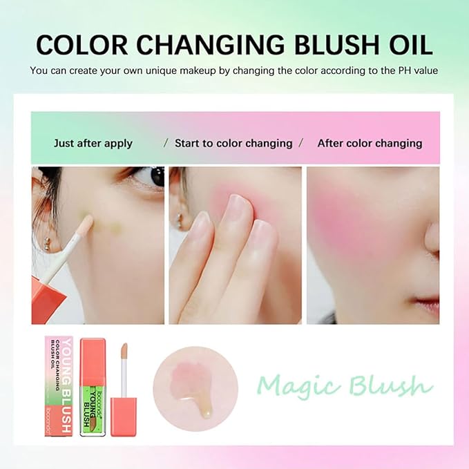 Color Changing Blush Oil, Skin's Natural PH Changing Blush for Dewy, Lightweight & Waterproof & Moisturizing Formula, Lasting Hydrating Rouge for All Skin, Easy To Blend, 6.5ml (Clear Green)